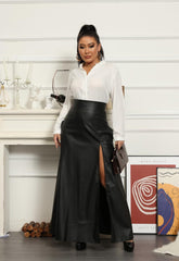 Lexiart Womens High Waisted Sexy Pu Leather Vintage High Split A-Line Swing Long Skirt with Pockets
