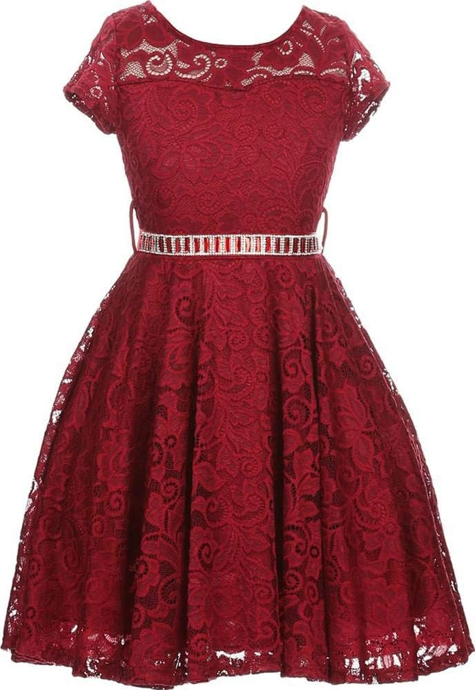 Flower Girl Dress Cap Sleeve Jewel Belt Floral Lace All Over