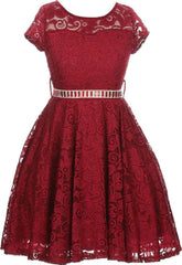Flower Girl Dress Cap Sleeve Jewel Belt Floral Lace All Over