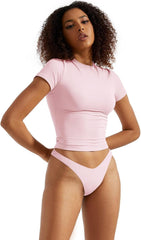 SUUKSESS Women Double Lined Fitted Basic Tee Crew Neck Short Sleeve Y2K Crop Top