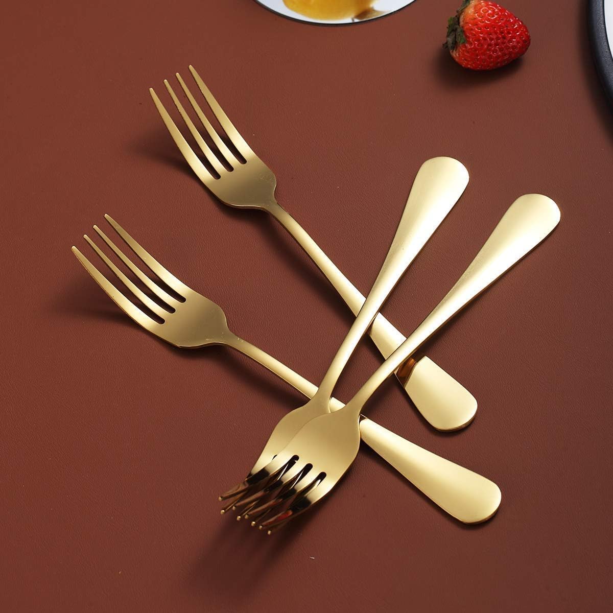 Generic Gold Dinner Forks Set of 4, 7.9IN Stainless Steel, Titanium Shiny Gold Plating, Sturdy and Dishwasher Safe