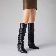 Fold Over Boots for Women Slouched Wedge Heels Knee High Pointed Toe