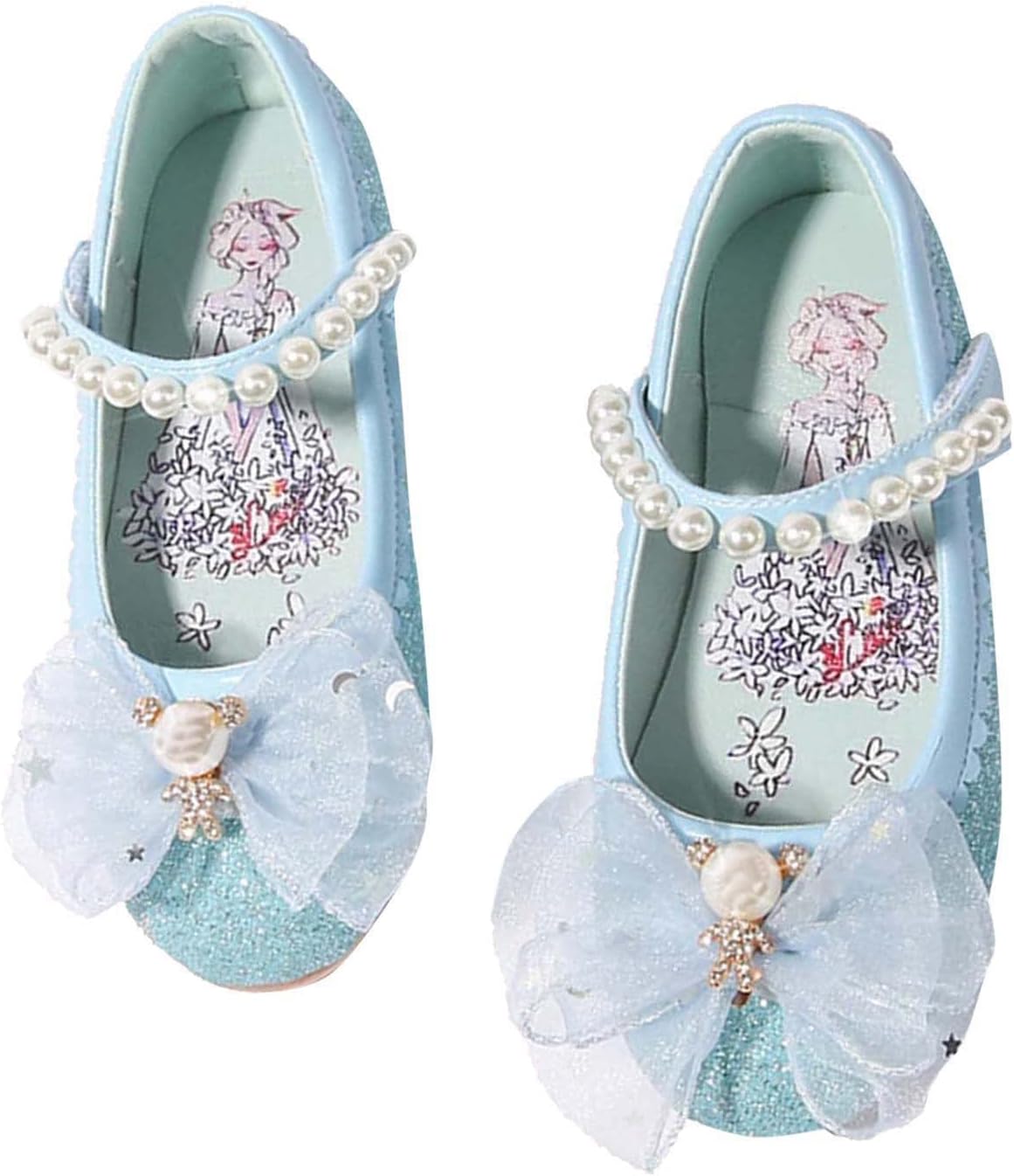 Size 3 Wide Shoes Children's Leather Shoes Female Spring and Autumn Princess Shoes Glitter Pink Blue Flat Single Shoes (Sky Blue, 13.5 Little Child)