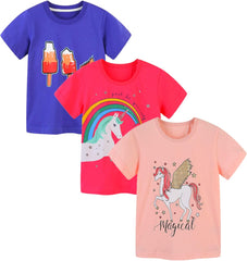 Toddler Girls' Short Sleeve T-Shirts Easter Pink Unicorn Summer Graphic Tee Shirt Tops White Yellow 3 Packs Sets 3T