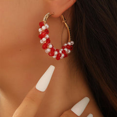1 Pair Red Crystal Pearl Hoop Earrings, Sparkling Beaded Circle Earrings with Cubic Zirconia, Elegant Dangle Ear Jewelry for Women, Festive Holiday Earrings (Red & White)