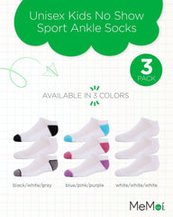 MeMoi Unisex Kids No Show Sport Ankle Socks 3 Pack