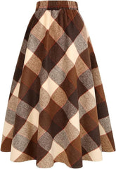 Long Plaid Wool Skirt for Womens Winter Fall Warm High Elastic Waist A line Flared Pleated Wool Tartan Skirts