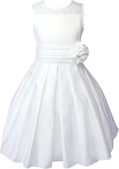 Spring Notion Big Girls Sheer Neckline Satin Tea Length Flower Girl Dress