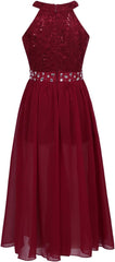 Kids Big Girls Sequins Floral Lace Halter-Neck Junior Bridesmaid Wedding Flower Girls Dress Party Prom Gown