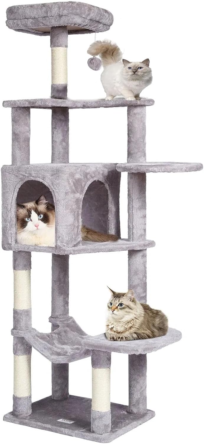 60.6in Cat Tree, 6-Level Cat Tower with Sisal Scratching Post, Soft Top Platfomm, Basket, Hidden Cat Condo, 2 Balls, Space Saving Cat Condo, Indoor Pet Play House, Light Grey