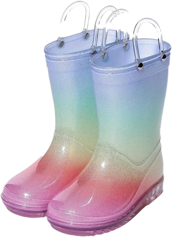 Women Clear Round Toe Flat Pull On Mid Calf Boot Waterproof Jelly Soles Kids Rainbow Rain Boots