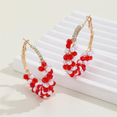 1 Pair Red Crystal Pearl Hoop Earrings, Sparkling Beaded Circle Earrings with Cubic Zirconia, Elegant Dangle Ear Jewelry for Women, Festive Holiday Earrings (Red & White)