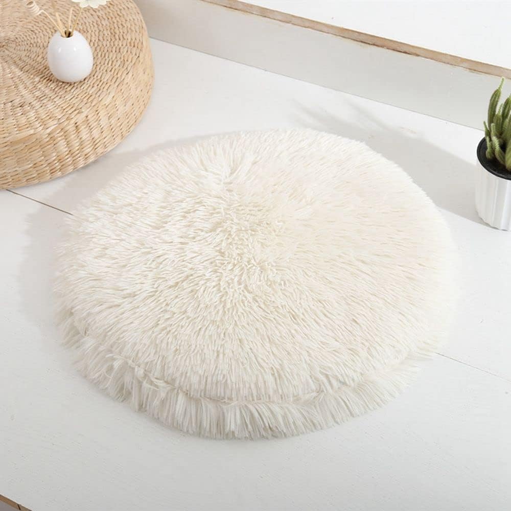 Round Pet Dog Bed Mat Long Plush Soft Fluffy Pet Cushion Cats Bed Blanket Pad for Small Dogs Sleeping Medium Large Supplies Cats(40cm,White)