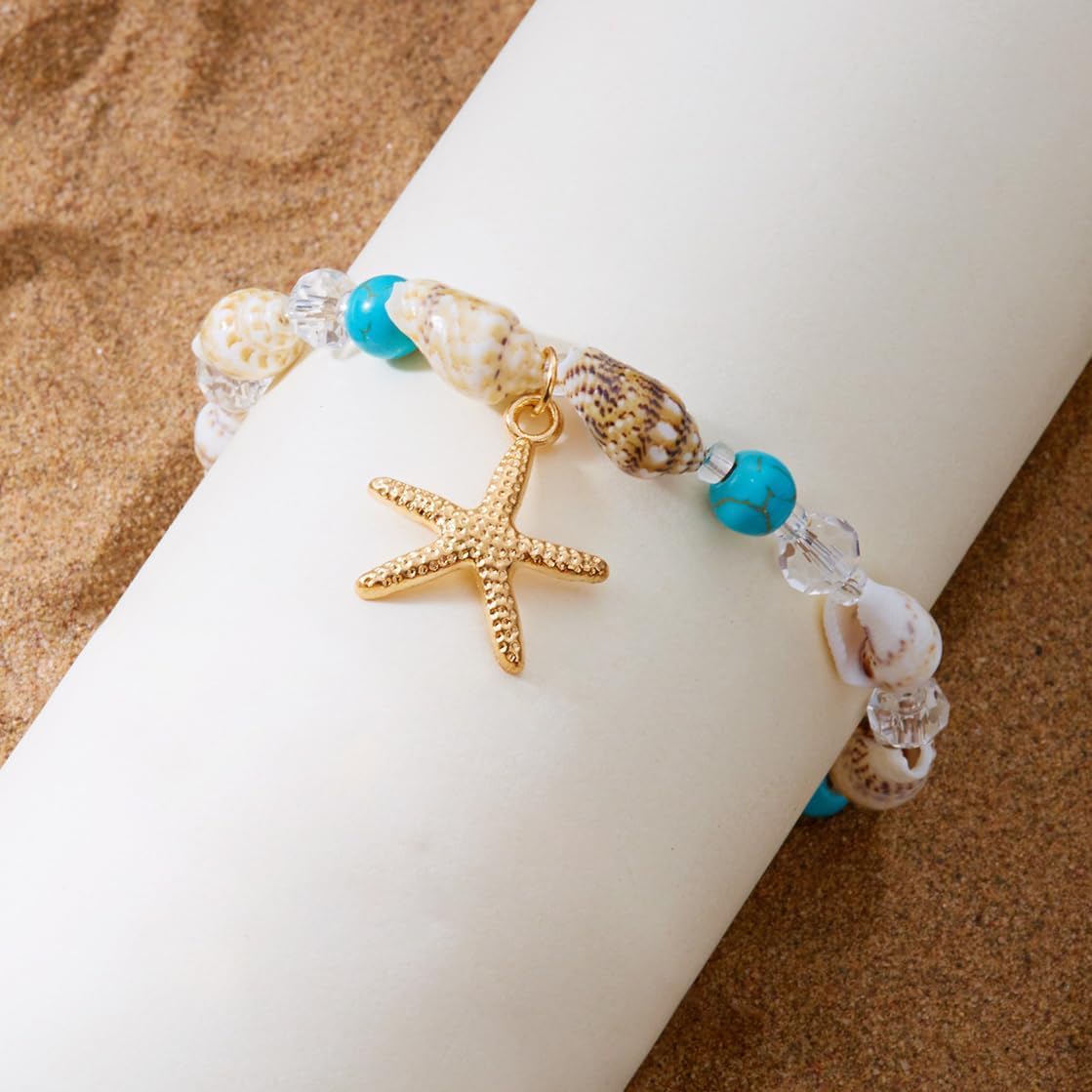 1PC Starfish Conch Shell Beaded Bracelet, Adjustable Ocean Charm Hand Chain, Bohemian Beach Seed Bead Jewelry, Natural Ocean Theme Wrist Accessory, Stylish Coastal Inspired Bracelet (Blue&Gold)