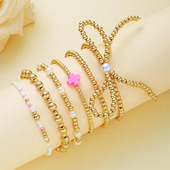 Women's Golden Beaded Bracelet Set, Thick Elastic Exquisite Round Bead Pearl Cross Bow Stacked Bracelet Adjustable Jewelry Set