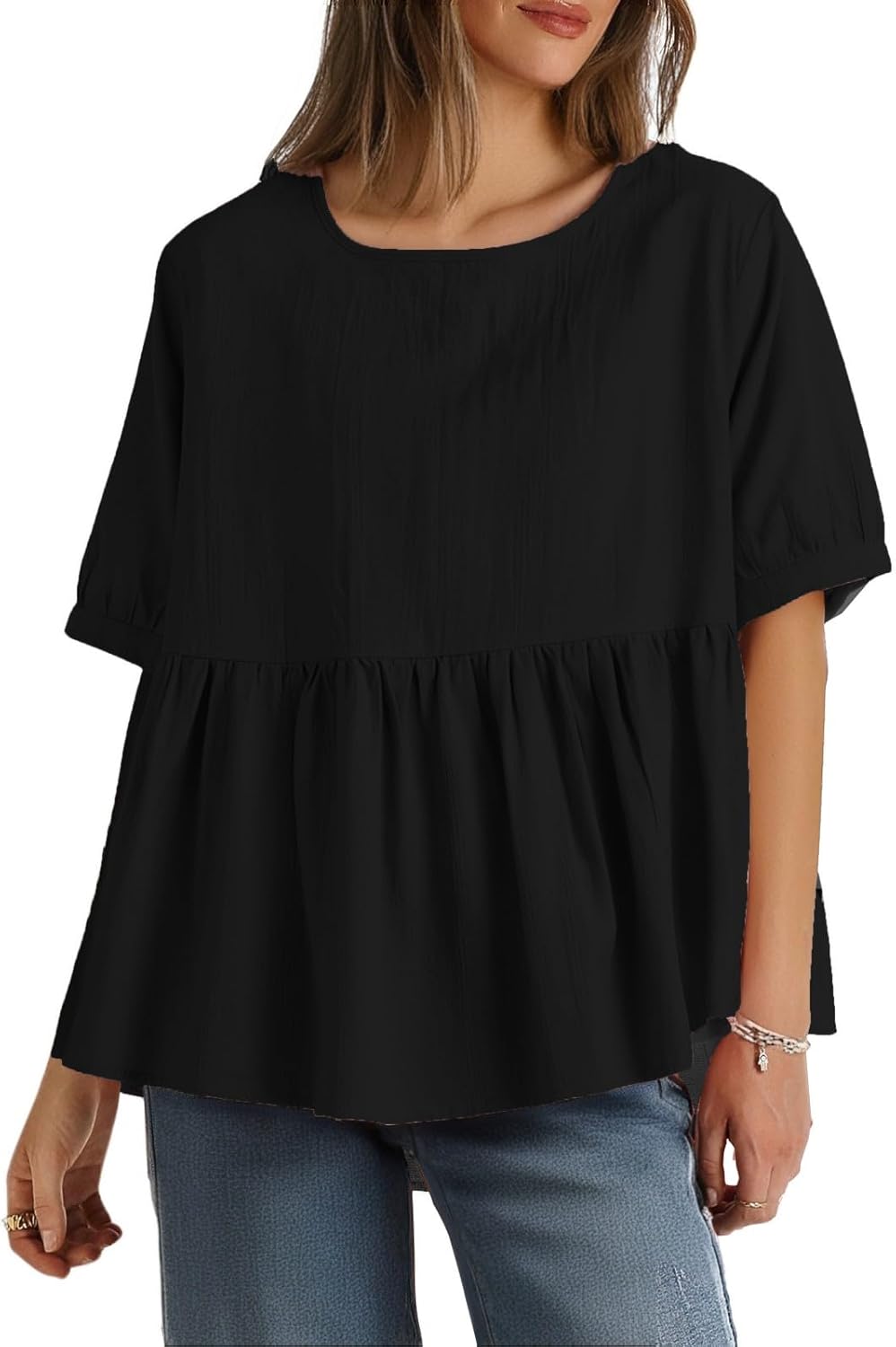 Womens Plus Size Babydoll Tops Summer Trendy Pleated Patchwork Short Sleeve Shirt Casual Pleasant Tunic Dressy Blouse