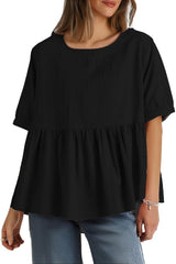 Womens Plus Size Babydoll Tops Summer Trendy Pleated Patchwork Short Sleeve Shirt Casual Pleasant Tunic Dressy Blouse