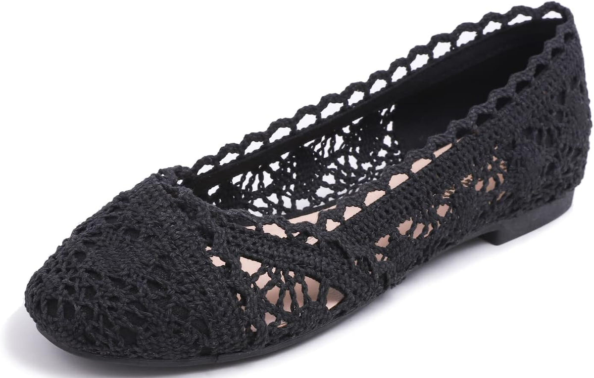FEVERSOLE Women's Comfort Breathable Knit Crochet Shoes Lace Ballet Flats