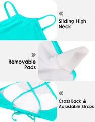 beautyin Womens Floral Striped Halter High Neck Bikini Swimsuit Set Cross Back