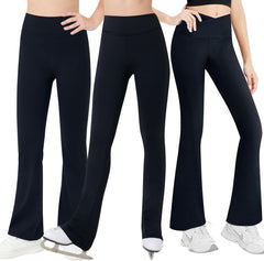 Gnainach Girls Bootcut Leggings, Crossover Leggings, Figure Skating Pants Size 12-13 Years Old Solid Black Soft Slim High Waisted Trousers