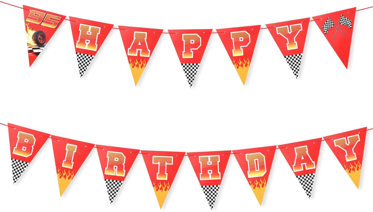 2pcs Race Car Happy Birthday Banner, Pre-Strung Racing Themed Party Garland Decorations, Checkered Triangle Flag Pennant Sign for Boys Kids Birthday Party Supplies