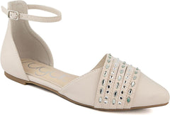 Sugar Womens Slip On Ballet Flat with Ankle Strap with Beaded Rhinestones at Toe