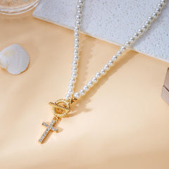 1PCS Pearl Cross Necklace, Exquisite Diamond-Encrusted Cross Design, Genuine Pearl Beads, Necklace for Women, Hypoallergenic Material, Adjustable Length, Elegant for Daily Wear and Special Occasions (White)