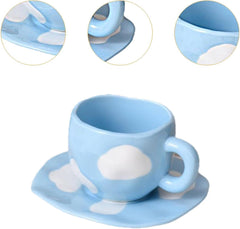 Latte Art Mug with Saucer Ceramic Coffee Cup with Handle Creative Novelty Tea Cup Irregular Saucer for Water Espresso