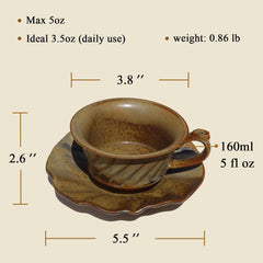 5oz Rustic Retro Ceramic Coffee Cup with Saucer, Nordic Stoneware Cortado Cup, Aesthetic Tea Cup Set, Microwave & Dishwasher Safe