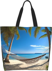 Hammock Hanging from Palm Trees printed Reusable Shoulder bag Shopping Bag Fashion Handbag