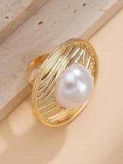 1pc Vintage Multi-Element Metal Spiral Waterdrop Adjustable Ring Faux Pearl Inlaid Jewelry for Women