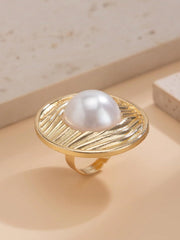 1pc Vintage Multi-Element Metal Spiral Waterdrop Adjustable Ring Faux Pearl Inlaid Jewelry for Women