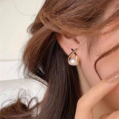 Korean Style Pearl Stud Earrings for Women, S925 Silver Post, Cross-Frame Lightweight Drop Design, Elegant Summer Jewelry