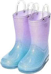 Women Clear Round Toe Flat Pull On Mid Calf Boot Waterproof Jelly Soles Kids Rainbow Rain Boots