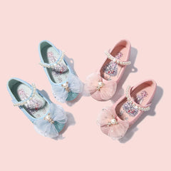 Size 3 Wide Shoes Children's Leather Shoes Female Spring and Autumn Princess Shoes Glitter Pink Blue Flat Single Shoes (Pink, 13.5 Little Child)