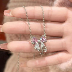Sweet Pink Bow Necklace Ladies Fashion Sparkling Rhinestone Star Shape Pendant Clavicle Chain Delicate Wedding Accesories Useful