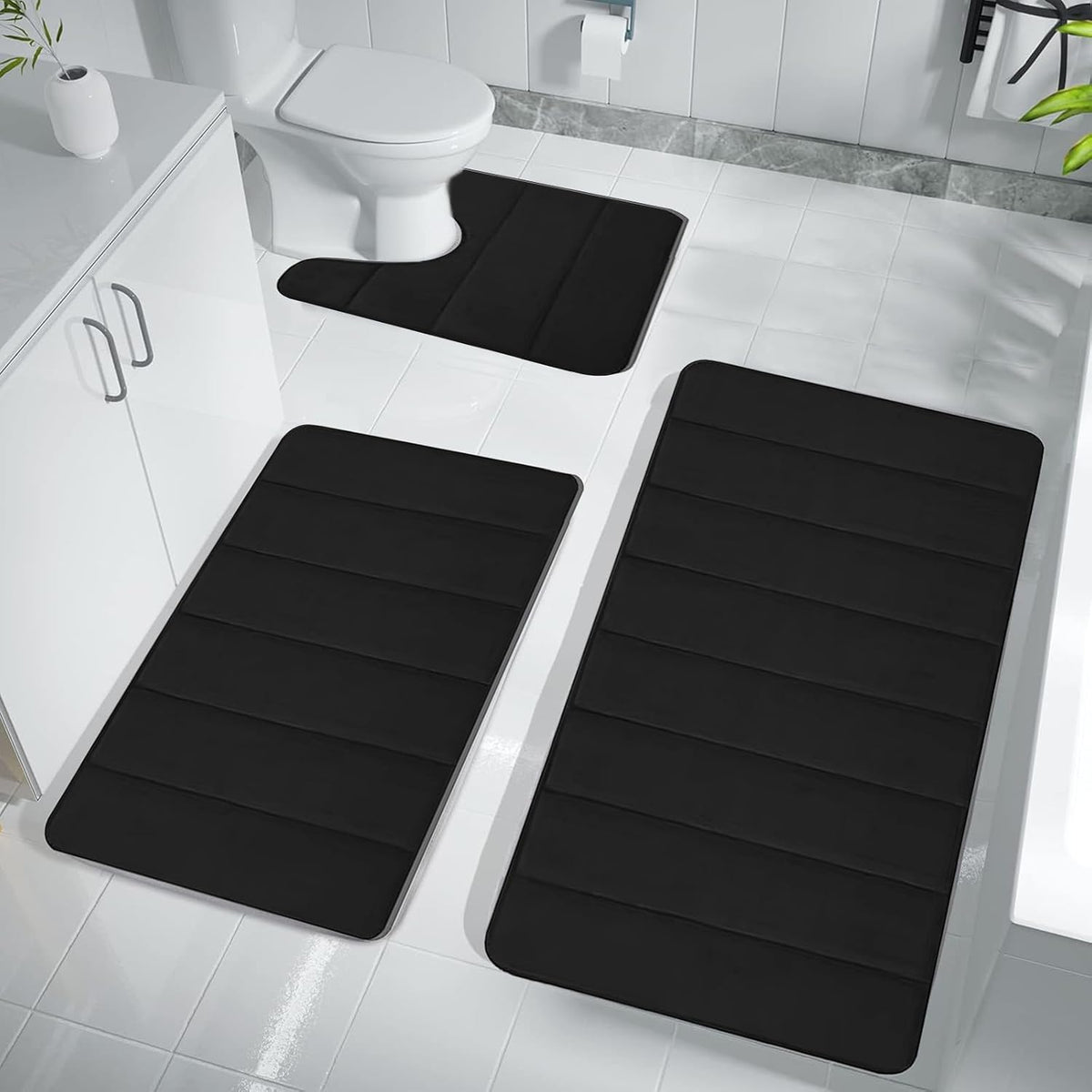 Black Bath Mat Set - 3 Piece Nonslip U Shaped Bathroom Rugs, Thick, Machine Washable
