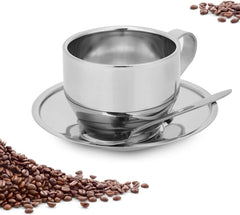 Stainless Steel 4oz Double Wall Espresso Cup with Saucer and Spoon, Cappuccino Coffee Latte Tea Mug