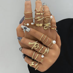 Snake Shaped Pearl Multi Joint Ring Set, Jewelry Gift, Knuckle Hoops, Stackable Bands