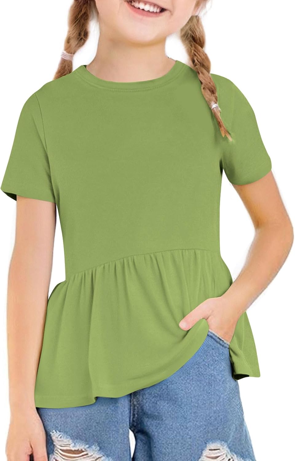Girls Summer Cute Peplum T-Shirts Kids Trendy Ruffle Short Sleeve Loose Fit Casual Crewneck Tunic Tops Blouse for 3-12 Years