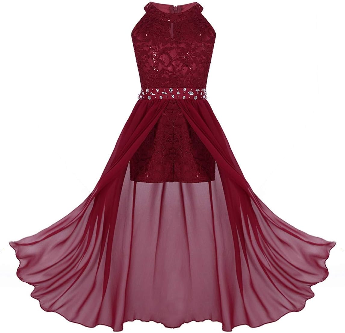 Kids Big Girls Sequins Floral Lace Halter-Neck Junior Bridesmaid Wedding Flower Girls Dress Party Prom Gown