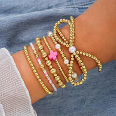 Women's Golden Beaded Bracelet Set, Thick Elastic Exquisite Round Bead Pearl Cross Bow Stacked Bracelet Adjustable Jewelry Set