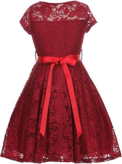 Flower Girl Dress Cap Sleeve Jewel Belt Floral Lace All Over