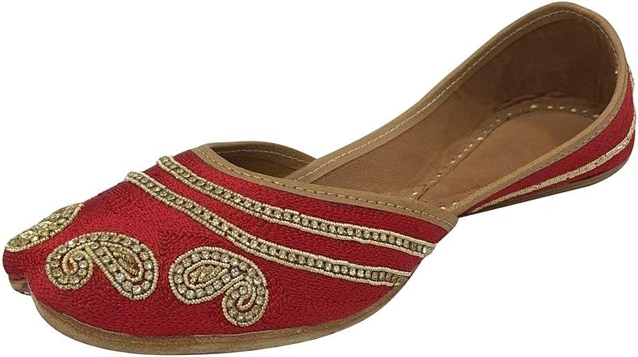 Red Jutti Flats for Women Punjabi Jootis Shoes Bohemian Flat Sandles Handmade Beaded Traditional Ballerina