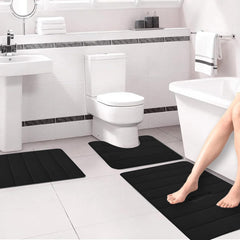 Black Bath Mat Set - 3 Piece Nonslip U Shaped Bathroom Rugs, Thick, Machine Washable
