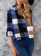 Dokotoo Womens Basic Casual V Neck Plaid Print Cuffed Long Sleeve Work Tops Blouses Shirts S-3XL