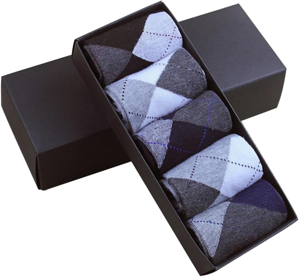 VALICLUD Men's Socks 5 Pairs of Comfortable Warm Cotton Crew Socks Rhombus Embroidery Sizes 38-43