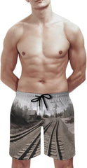 Men's Swim Trunks Train Track Beach Shorts Quick Dry Summer Bathing Suit Swimwear Beachwear with Pockets