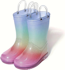 Women Clear Round Toe Flat Pull On Mid Calf Boot Waterproof Jelly Soles Kids Rainbow Rain Boots