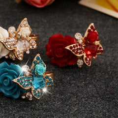 Women Ring Size Adjustable Rose Flowers Butterfly Diamond Lady Ring Jewelry Accessories Birthday Gift Red Practical
